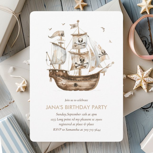 Invitación Aniversario del tema nautical del barco pirata Bro (Subido por el creador)