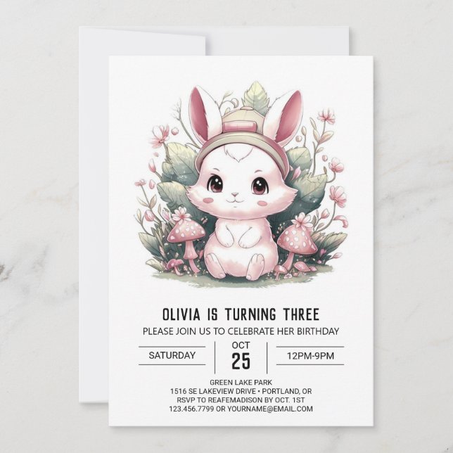 Invitación Aniversario digital de conejito místico lindo (Anverso)