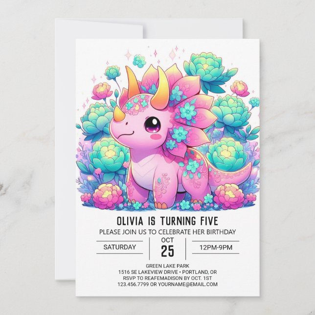 Invitación Aniversario digital de dinosaurios con encanto flo (Anverso)