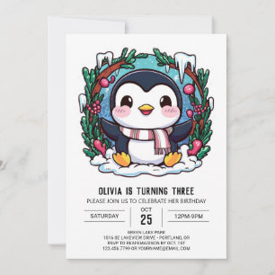 Invitación Aniversario digital de pingüino lindo encantado