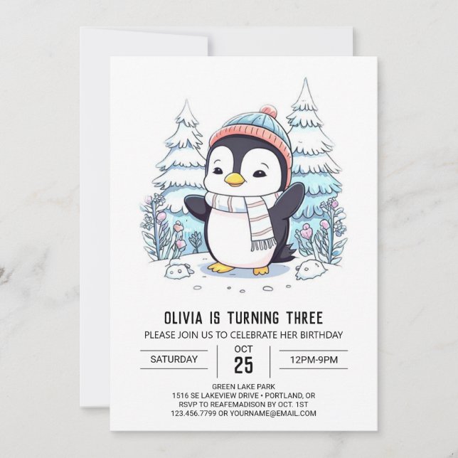 Invitación Aniversario digital del pingüino infantil lindo (Anverso)