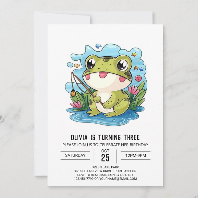 Invitación Aniversario digital simple de rana de niños (Anverso)