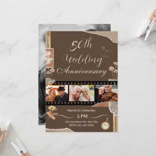 Invitación Aniversario elegante de Boda floral marrón (Anverso/Reverso In Situ)