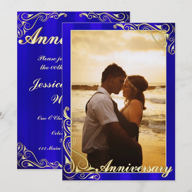 Invitación Aniversario elegante de fotos azules y de oro (Anverso / Reverso)