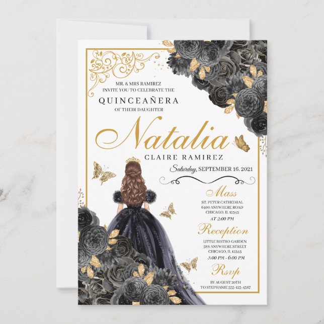 Invitación Aniversario elegante de la Quinceanera floral de c (Anverso)