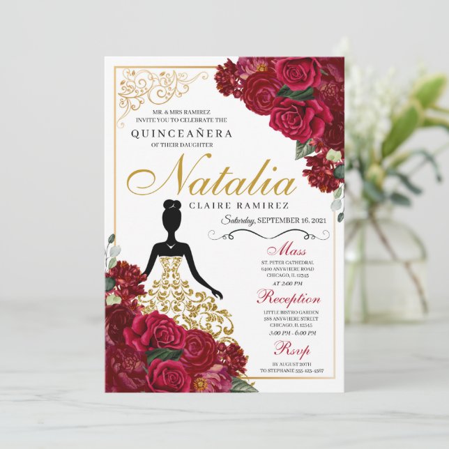 Invitación Aniversario elegante de la quinceanera floral roja (Anverso de pie)