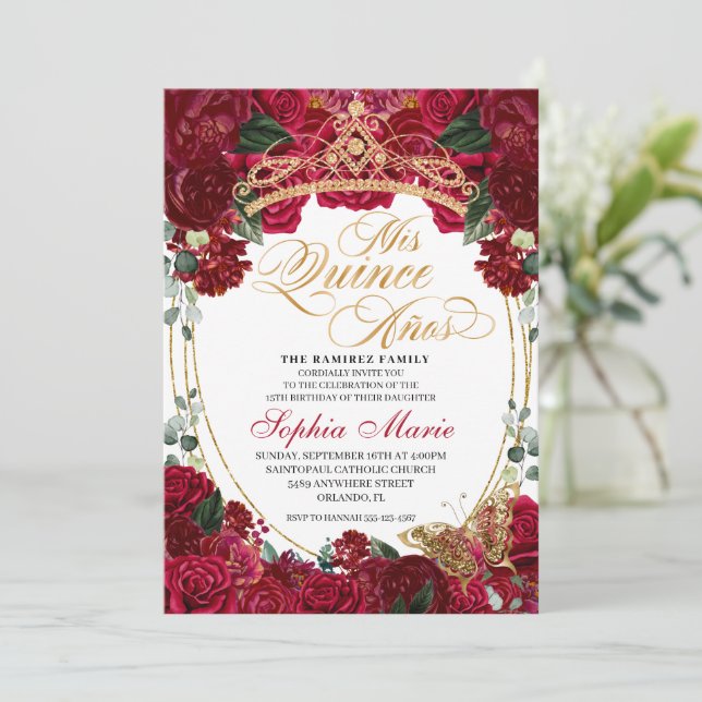 Invitación Aniversario elegante de la quinceanera floral roja (Anverso de pie)