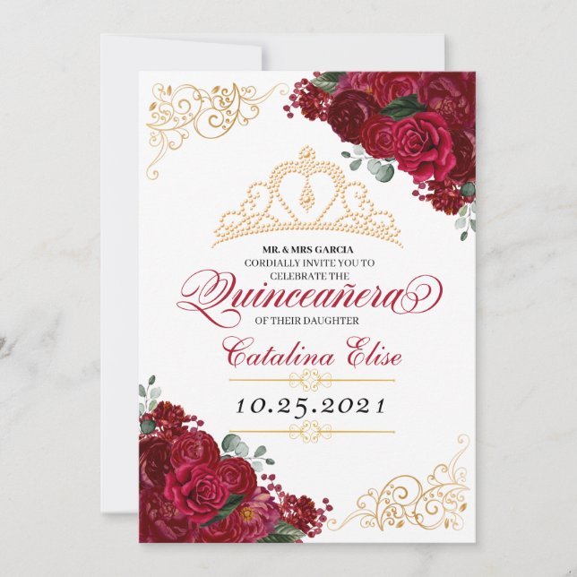 Invitación Aniversario elegante de la quinceanera floral roja (Anverso)