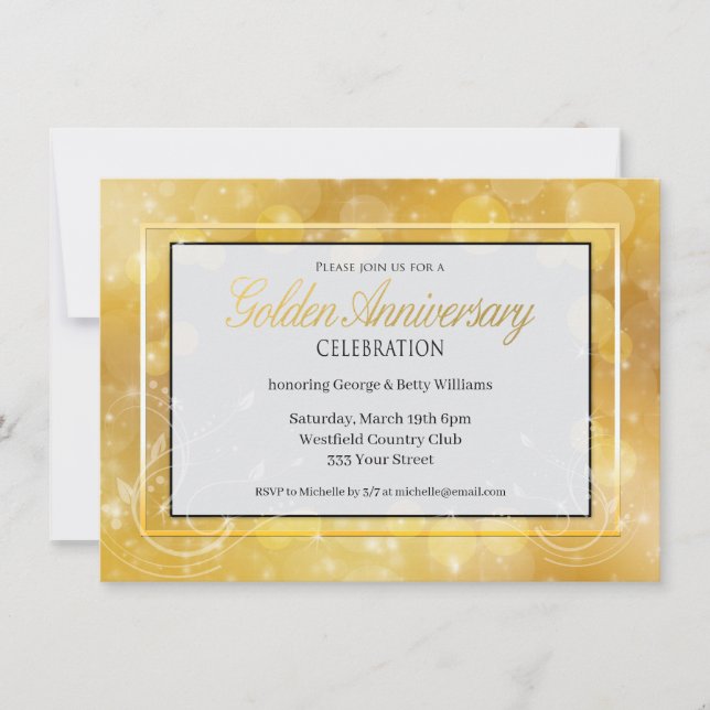Invitación Aniversario elegante del oro y Boda dorado negro (Anverso)