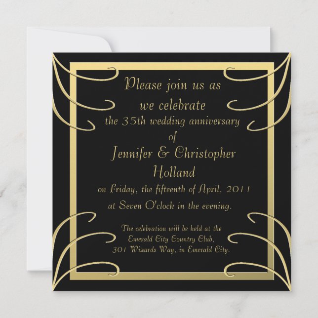 Invitación Aniversario elegante del remolino del negro y del (Anverso)