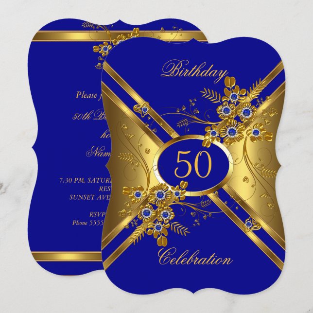 Invitación Aniversario Elegante Oro Royal Floral Azul (Anverso / Reverso)