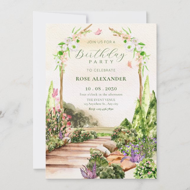 Invitación Aniversario estético de jardín floral acuático (Anverso)
