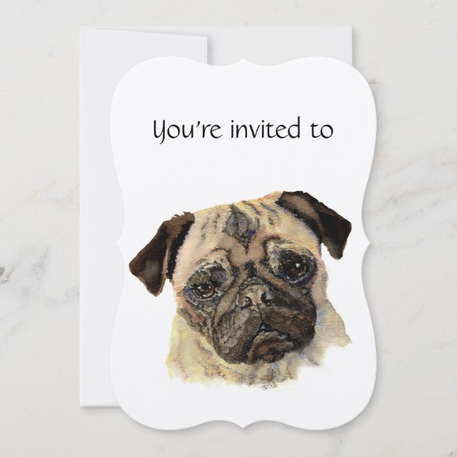 Invitación Aniversario fechado personalizado Perro Pug acuare (Anverso)