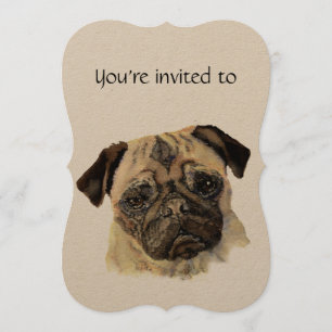 Invitación Aniversario fechado personalizado Perro Pug Acuare