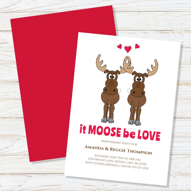 Invitación Aniversario Fiesta Cute Whimsical Moose (It moose be love cute anniversary moose invitation. )
