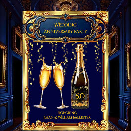 Invitación Aniversario Fiesta Gold Blue Champagne