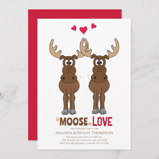 Invitación Aniversario Fiesta It Moose be Love Cute Whimsical (Anverso / Reverso)