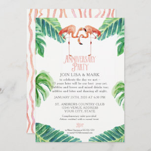 Invitación Aniversario Fiesta Rosado Flamingo Leaf Stripe