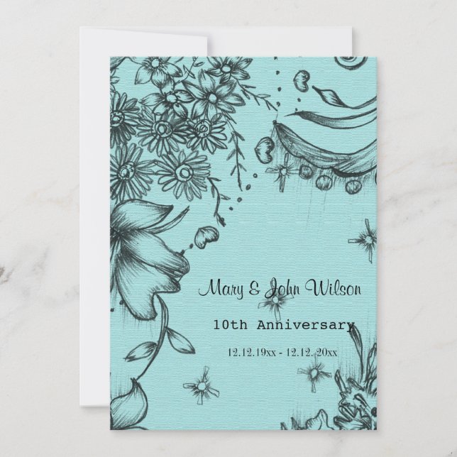 Invitación aniversario floral azul y negro de estilo antiguo (Anverso)