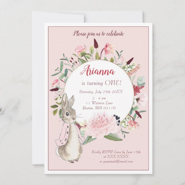 Invitación Aniversario floral clásico de Peter Rabbit (Anverso)