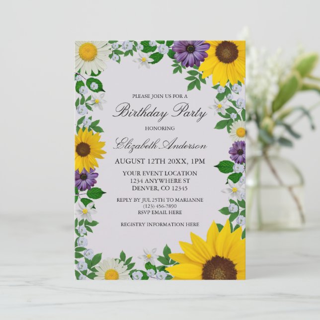 Invitación Aniversario floral de la margarita del girasol rús (Anverso de pie)