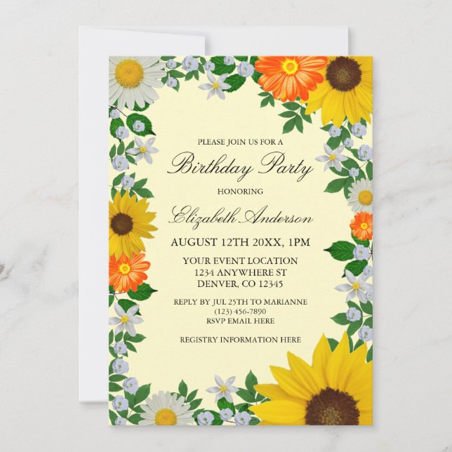 Invitación Aniversario floral de la margarita del girasol rús (Anverso)