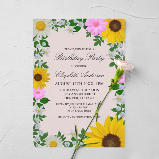 Invitación Aniversario floral de la margarita del girasol rús (Subido por el creador)