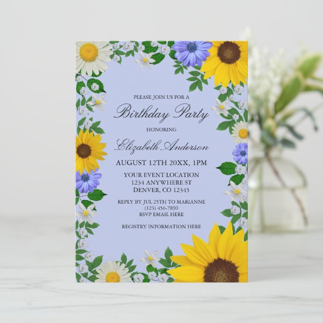 Invitación Aniversario floral de la margarita del girasol rús (Anverso de pie)
