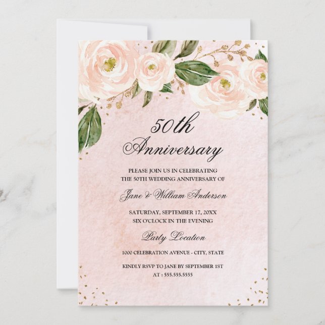 Invitación Aniversario floral de oro rosado de Rubor (Anverso)