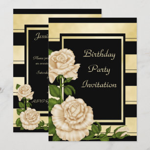 Invitación Aniversario floral elegante en franja de oro y neg