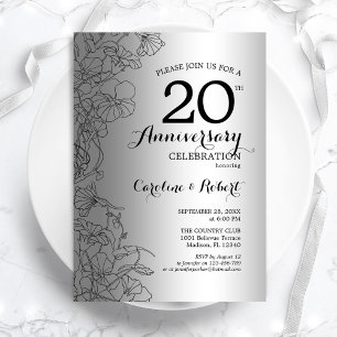 Invitación Aniversario Floral Negro Plateado 20º