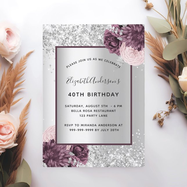 Invitación Aniversario floral rosa burdeos de plata (Subido por el creador)
