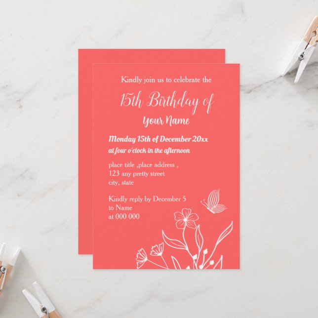 Invitación Aniversario floral rosa de coral simple (Anverso/Reverso In Situ)