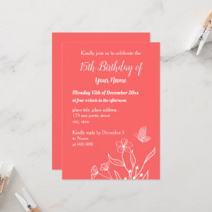 Invitación Aniversario floral rosa de coral simple