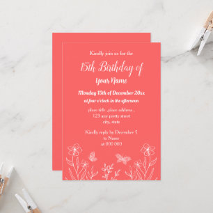 Invitación Aniversario floral rosa de coral simple