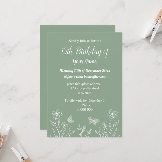Invitación Aniversario floral verde sabio simple (Anverso/Reverso In Situ)