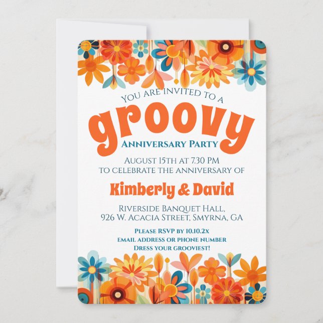 Invitación Aniversario Groovy Vibra 60's Floral Retro  (Anverso)