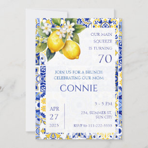 Invitación Aniversario italiano de azulejos azules de limón m