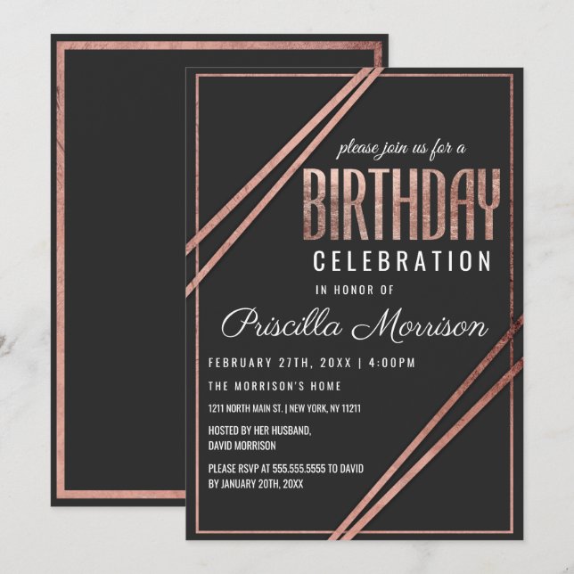 Invitación Aniversario lineal de la Moda dorada del Rosa negr (Anverso / Reverso)