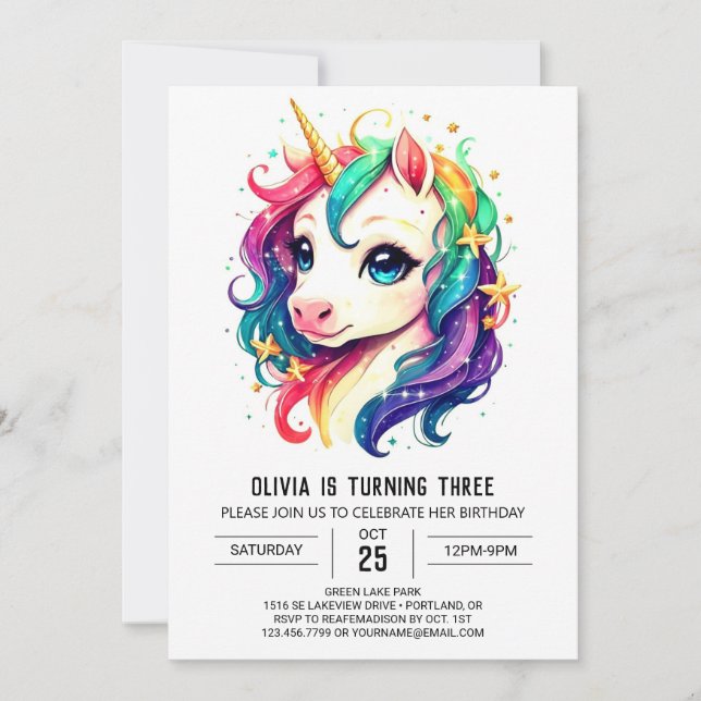 Invitación Aniversario moderno y elegante de Unicornio (Anverso)