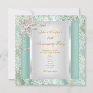Invitación Aniversario número 25 Damask Verde Teal Plateado B