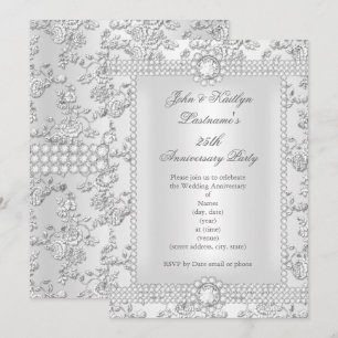 Invitación Aniversario número 25 Diamante Rosa Damasco Plata 