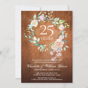 Invitación Aniversario número 25 Guirnalda de rosas de madera