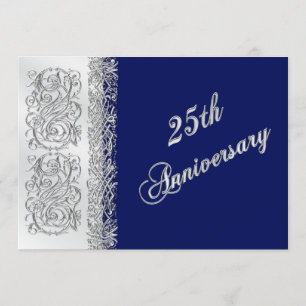 Invitación Aniversario número 25 Ornato Plata con Azul Marino