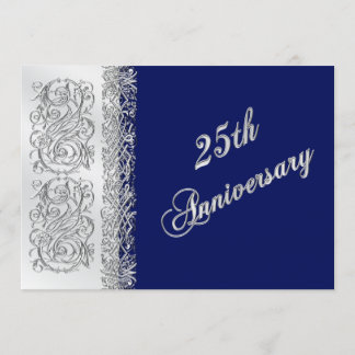 Invitación Aniversario número 25 Ornato Plata con Azul Marino