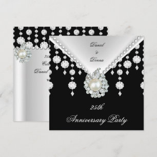 Invitación Aniversario número 25 Perla Blanca Negra Plateada