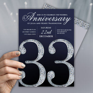 Invitación Aniversario número 33 Diamante Plateado Azul Marin