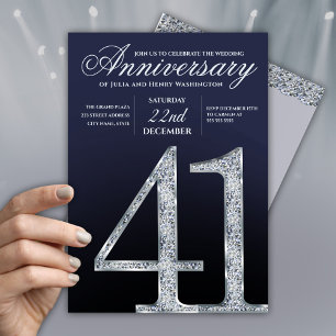 Invitación Aniversario número 41 Diamante Plata Azul Marino