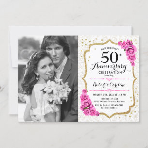 Invitación Aniversario número 50 con foto - Oro blanco rosa