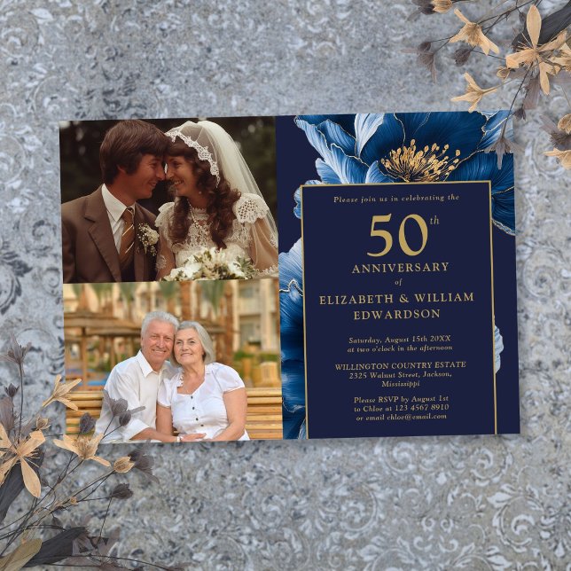 Invitación Aniversario número 50 de Blue Floral Then And Now  (Blue Floral Then And Now 50th Anniversary 2 Photo Invitation)